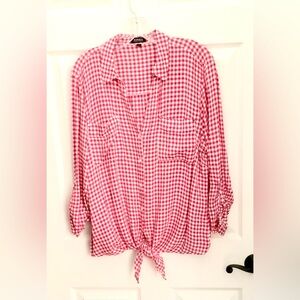 Jones New York Red & White Gingham Tie Front Button Down Shirt